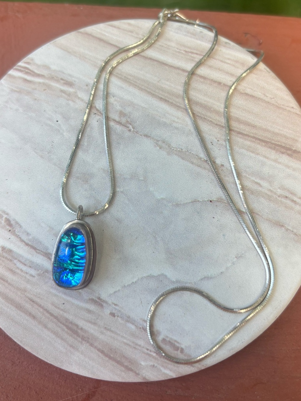 Vintage 925 Sterling Silver Blue Green Oval Opal Pendant Necklace 18” Chain 3/4”